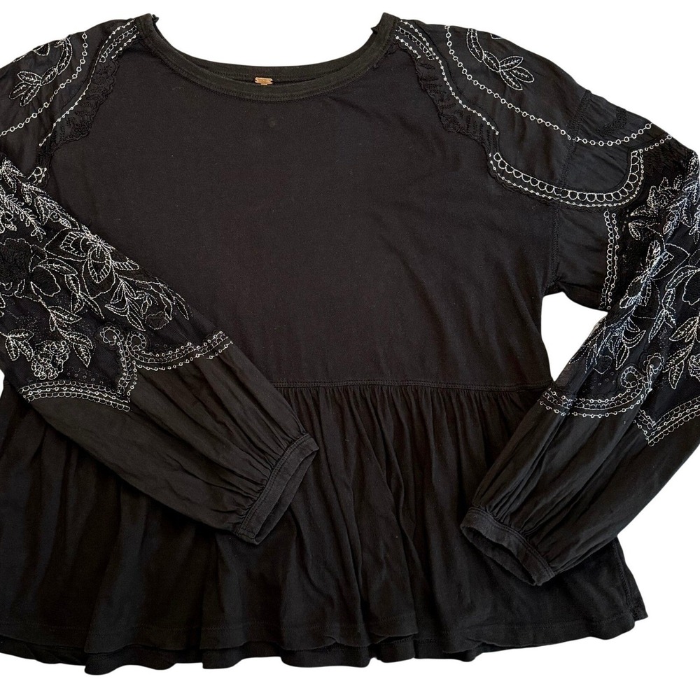 Free People Top S Black Embroidered Long Sleeve Lace Peplum Peasant Whimsigoth